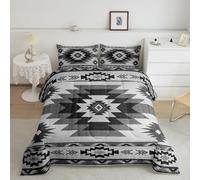 Gray Tribal Plaid Comforter Set,Southwestern Style Ethnic Grid Bedding Set for Kids Teens Adults,Boho Geometric Stripes Vintage Down Comforter with 2 Pillowcases King Size 3 Pcs