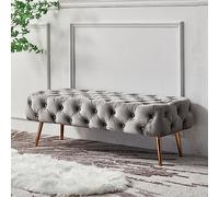 Gray Velvet Tufted Bedroom BenchStylish Upholstered Ottoman for Entryway & Living Room Long Foot Rest Stool with Legs Perfect Accent Seat for Home Decor