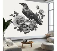 Gray Wall Wallpaper Mural Gothic Crow Rose Skull, Premium Non-Woven Wallpaper Mural for Bedroom livingroom Wall Decor 300 x 210 cm Art Print Photo Paper Poster