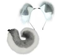 ,Gray Whirte,Fluffy Faux Fox Fur Tail for Women - Cat Wolf Fox Tail Costume Accessory with Adjustable Waist Belt, Ideal for Halloween Party & Fancy Dress