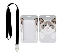 Gray White Cute Cat ID Badge Holder with Black Lanyard, Oyster Card Holder Men, Vertical Cards Protector for Women, Vertical ID Cards Protector for Men, Bus Driver Accessories Paramedic Accessories