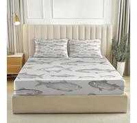 Gray White Printed Fitted Sheet & 2 Pillowcases - Deep Pocket Elastic Bed Sheet Set in Soft Microfiber, Elegant Simple Fish Painted Pattern for Single to Super King Beds 122 × 190 cm