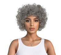 Gray Wigs for Old Lady, Short Curly Wavy Wig with Bangs,12 Inch Heat Resistant Synthetic Wigs for Cosplay Costume Party Use