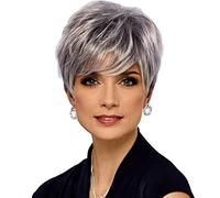 Gray Wigs for Women, Temperament, Oblique Bangs, Texture, Fluffy Short Hair, Black Gradient Silver, Middle-Aged and Elderly Women’S Wigs, Natural Synthetic Hair for Daily Use
