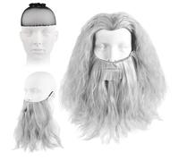 Gray Wizard Wig and Beard Set, Old Man Beard Cosplay Long Wizard Beard Long Grey Wigs Men Wizard Costume Halloween Cosplay Accessories for Adults