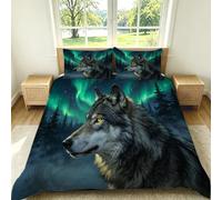 Gray Wolf Aurora Forests Single Duvet Cover Set 135 x 200 cm 3 PCS Single Bedding Set Soft Breathable and Lightweight Microfiber Duvet Cover Green Quilt Cover with 2 Pillowcases G-1873