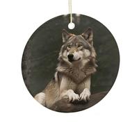 Gray Wolf Ceramic Ornament, Round Ornaments with Hole, Hanging Ornament for Window Home Garden Christmas Day Party Wedding Decoration