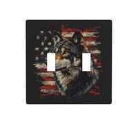 Gray Wolf Head American Flag Double Gang Toggle Light Cover Wall Plate Switch Decor Standard Size - 11.4x11.4cm