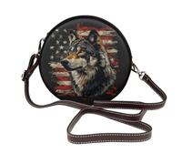 Gray Wolf Head American Flag Women Round Crossbody Bags Leather Sling Bag Purse