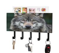 Gray Wolf Leather Key Holder for Wall Decorative with 5 Hooks & Mail Organizer Entryway Keys Rack