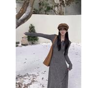 (gray, XL) Snowflake Striped Cotton Waist-slimming Knitted A-line Dress - 2024 Autumn/winter Collection