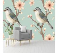 Grayish-Blue Birds & Pink Flowers on Branches, Self-Adhesive Wall Fabric (NO PVC), Removable Wallpaper, for Living Room, Bedroom, Office -Custom Size