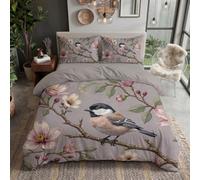 Grayish Pink Bedding Set Retro Oil Painting Style Duvet Cover Set Soft Microfiber Magnolia Branches Of The Mountain Sparrow Duvet Cover,2 Pillowcases and Zipper Closure,Super King Size 260x220cm