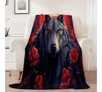 Grayish Red Flannel Throws Blanket, Fantasy Flowers Animals Wolves Themed Decor Print Blanket for Adult, Soft Lightweight Plush Warm for Bed Living Room Sofa Bed Chair - 150 x 200 cm