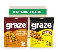 Graze - Marmite and BBQ Snacks - Healthy Alternative for Crisps, Mixed Nuts & Pretzels -Ideal if You Love Corn, Broad Beans and Corn Hoops Savoury Vegan Snack (8x100g pack)