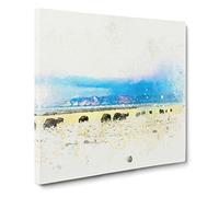 Grazing Bison in Utah in Abstract Modern Canvas Wall Art Print Ready to Hang, Framed Picture for Living Room Bedroom Home Office Décor, 20x20 Inch (50x50 cm)