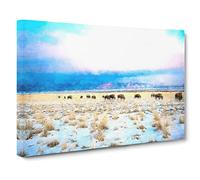 Grazing Bison In Utah Painting Modern Art Canvas Wall Art Print Ready to Hang, Framed Picture for Living Room Bedroom Home Office Décor, 20x14 Inch (50x35 cm)
