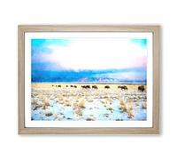 Grazing Bison In Utah Painting Modern Art Framed Print | A4 Oak Framed Wall Art | Ready to Hang | Modern Historical Picture | Living Room Bedroom Lounge Office