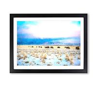 Grazing Bison In Utah Painting Modern Art Framed Wall Art Print, Ready to Hang Picture for Living Room Bedroom Home Office Décor, Black A2 (64 x 46 cm)