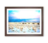 Grazing Bison In Utah Painting Modern Art Framed Wall Art Print, Ready to Hang Picture for Living Room Bedroom Home Office Décor, Walnut A4 (34 x 25 cm)