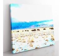 Grazing Bison in Utah Painting Modern Canvas Wall Art Print Ready to Hang, Framed Picture for Living Room Bedroom Home Office Décor, 35x35 cm (14x14 Inch)