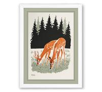 Grazing Deer in Meadow Rustic Framed Wall Art Print A4 (29.7×21cm) White, Wall Decor for Living Room, Bedroom, Office & Home, Ready to Hang, Art Gift