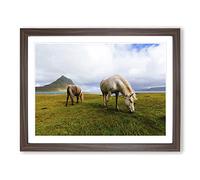 Grazing Horses landscape Modern Framed Print | A2 Walnut Framed Wall Art | Ready to Hang | Modern Animal Picture | Living Room Bedroom Lounge Office