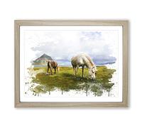 Grazing Horses landscape V3 Modern Framed Print | A4 Oak Framed Wall Art | Ready to Hang | Modern Animal Picture | Living Room Bedroom Lounge Office