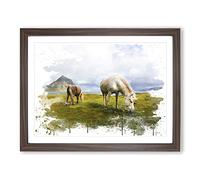 Grazing Horses landscape V3 Modern Framed Print | A4 Walnut Framed Wall Art | Ready to Hang | Modern Animal Picture | Living Room Bedroom Lounge Office