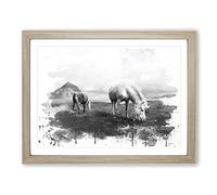 Grazing Horses landscape V4 Modern Framed Print | A2 Oak Framed Wall Art | Ready to Hang | Modern Animal Picture | Living Room Bedroom Lounge Office