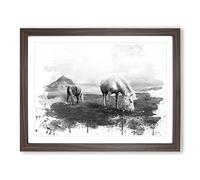 Grazing Horses landscape V4 Modern Framed Print | A2 Walnut Framed Wall Art | Ready to Hang | Modern Animal Picture | Living Room Bedroom Lounge Office