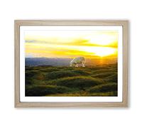 Grazing Sheep At Sunset Modern Art Framed Wall Art Print, Ready to Hang Picture for Living Room Bedroom Home Office Décor, Oak A4 (34 x 25 cm)