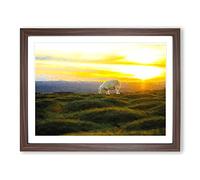 Grazing Sheep At Sunset Modern Art Framed Wall Art Print, Ready to Hang Picture for Living Room Bedroom Home Office Décor, Walnut A4 (34 x 25 cm)