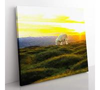 Grazing Sheep at Sunset Modern Canvas Wall Art Print Ready to Hang, Framed Picture for Living Room Bedroom Home Office Décor, 35x35 cm (14x14 Inch)