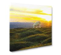 Grazing Sheep at Sunset Modern Canvas Wall Art Print Ready to Hang, Framed Picture for Living Room Bedroom Home Office Décor, 14x14 Inch (35x35 cm)