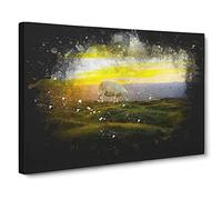 Grazing Sheep At Sunset Paint Splash Modern Art Canvas Wall Art Print Ready to Hang, Framed Picture for Living Room Bedroom Home Office Décor, 20x14 Inch (50x35 cm)