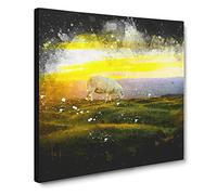 Grazing Sheep at Sunset Paint Splash Modern Canvas Wall Art Print Ready to Hang, Framed Picture for Living Room Bedroom Home Office Décor, 20x20 Inch (50x50 cm)