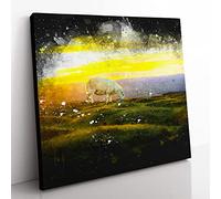 Grazing Sheep at Sunset Paint Splash Modern Canvas Wall Art Print Ready to Hang, Framed Picture for Living Room Bedroom Home Office Décor, 50x50 cm (20x20 Inch)