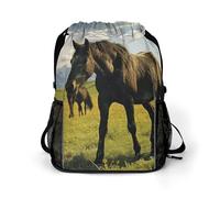 Grazing Wild Horses Sports Drawstring Backpack,Packsack with Shoe Compartment And Wet Proof Pocket for Youth