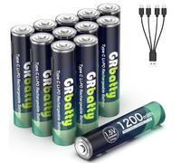 GRbatty 12 x AAA Rechargeable Lithium Batteries, 1.5V 1200mWh, USB Cable