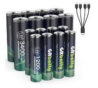 GRbatty 16 x AA AAA Rechargeable Lithium Batteries, 1.5V, USB-C Cable