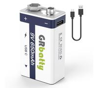 GRbatty Rechargeable USB 9 V Lithium Battery, 650 mAh High Capacity 9 Volt Block Lithium Battery for Smoke Detector, Electronic Toy, 1.5 Hours Quick Charge, with Charging Cable USB-C (Pack of 1)