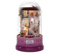 Grcfumo Creative House Model, Wood Plastic Model Building, Rotate Music Box with Dust Cover LED Light for Home Decor Gift