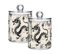 Grckit 2 Pack Apothecary Jars Bathroom Chinese Art Dragon Qtip Holder Dispenser Clear Plastic Storage Canister Jar with Lid for Cotton Ball, Cotton Swab