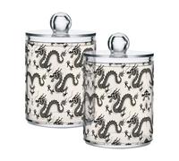 Grckit 2 Pack Apothecary Jars Bathroom Chinese Dragon Pattern Qtip Holder Dispenser Clear Plastic Storage Canister Jar with Lid for Cotton Ball, Cotton Swab