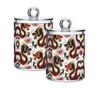 Grckit 2 Pack Apothecary Jars Bathroom Chinese Dragon Qtip Holder Dispenser Clear Plastic Storage Canister Jar with Lid for Cotton Ball, Cotton Swab