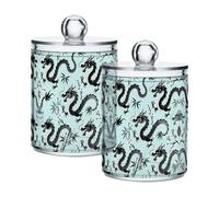 Grckit 2 Pack Apothecary Jars Bathroom Dragon Pattern Qtip Holder Dispenser Clear Plastic Storage Canister Jar with Lid for Cotton Ball, Cotton Swab
