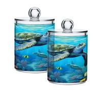Grckit 2 Pack Apothecary Jars Bathroom Green Sea Turtle Qtip Holder Dispenser Clear Plastic Storage Canister Jar with Lid for Cotton Ball, Cotton Swab