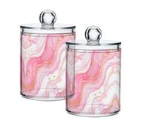 Grckit 2 Pack Apothecary Jars Bathroom Pink Gilded Fluid Marble Qtip Holder Dispenser Clear Plastic Storage Canister Jar with Lid for Cotton Ball, Cotton Swab