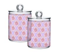 Grckit 2 Pack Apothecary Jars Bathroom Pink Rose Pattern Qtip Holder Dispenser Clear Plastic Storage Canister Jar with Lid for Cotton Ball, Cotton Swab